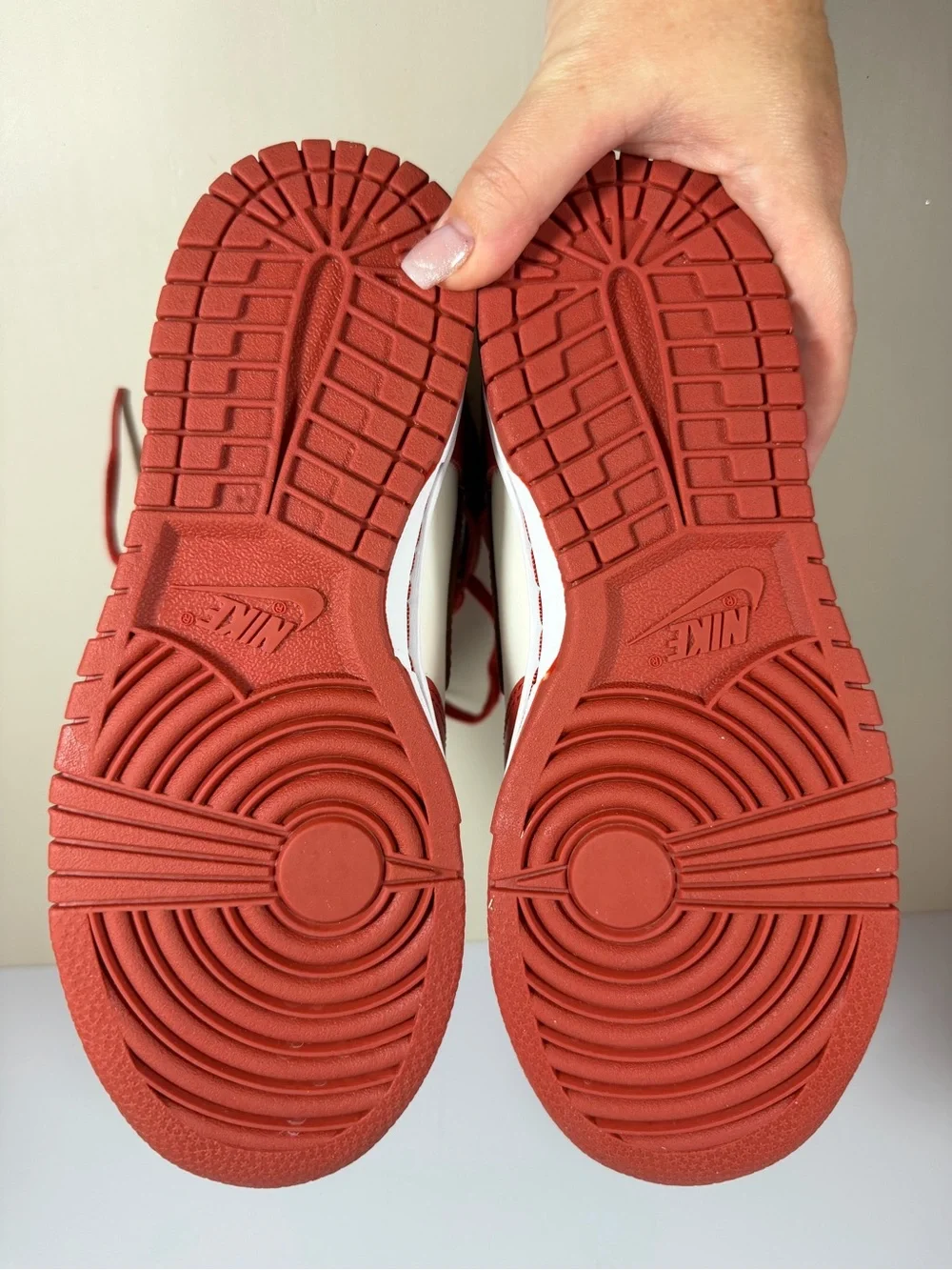 Nike Men’s Red and White High-Top Sneakers with Dark Red Swoosh